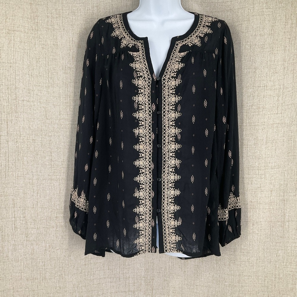 Lucky Brand Peasant Blouse Womens S Black Embroidered Boho V-Neck Top Airy